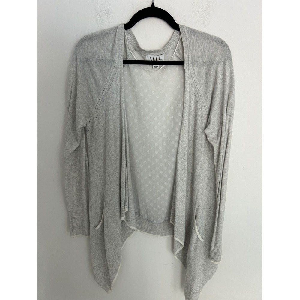ELLE Womens Gray Open Front Mixed Media Polka Dot Back Cardigan Sweater Size M